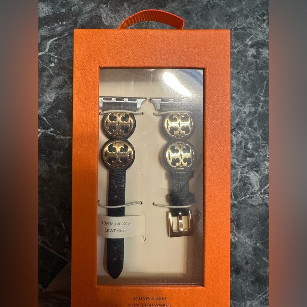 Black Leather Watch Band with Gold Accents